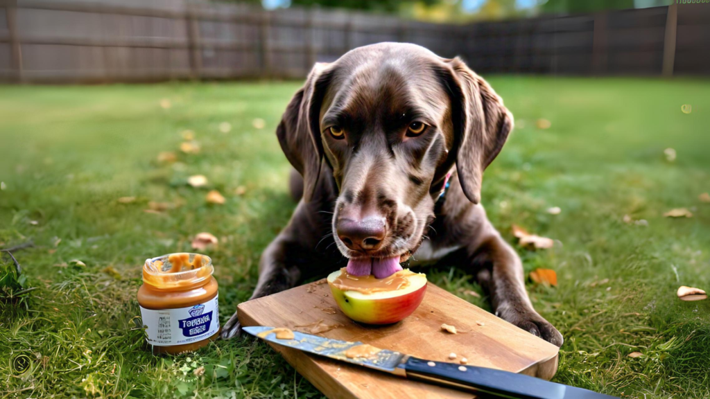 Dog eating apple with peanut butter