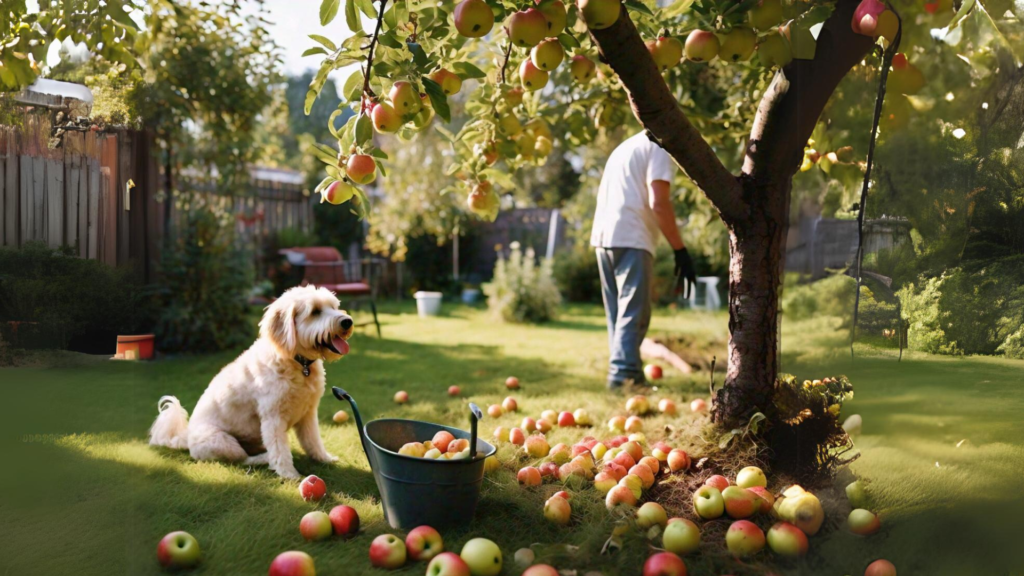 Dog playing under apple tree