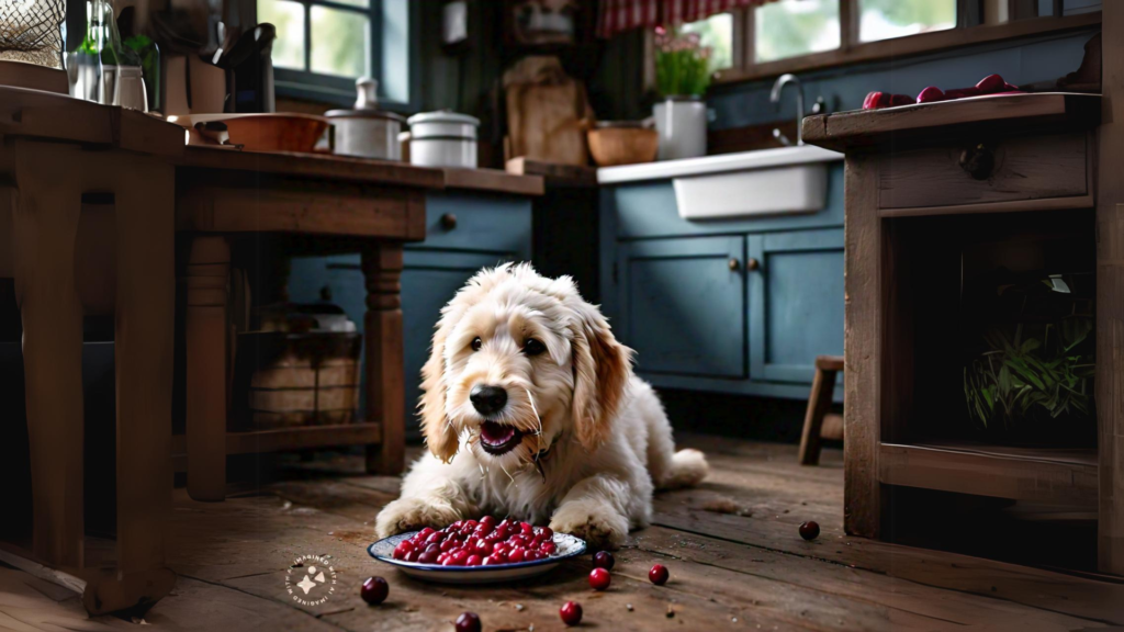 A dog eating cranberries