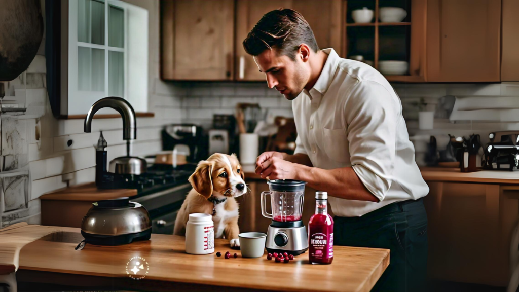 A man diluting cranberry juice for his puppy