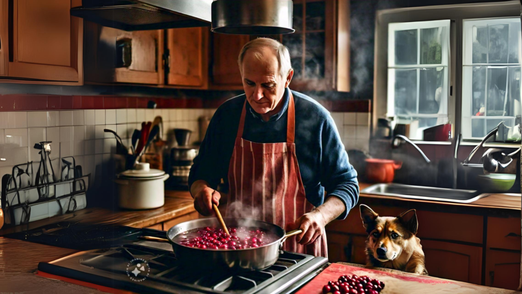 An old man preparing cranberry juice for his dog by boiling cranberries in water