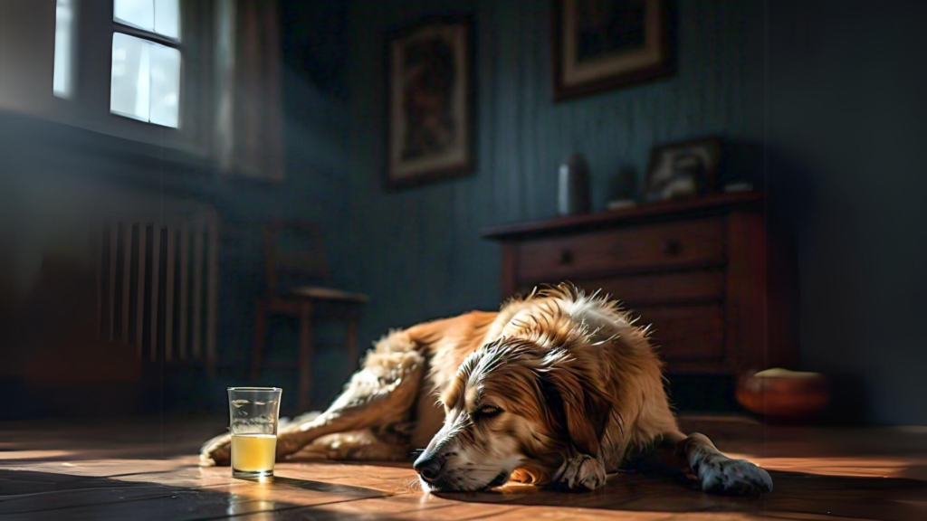 A dog getting ill after drinking lemon juice