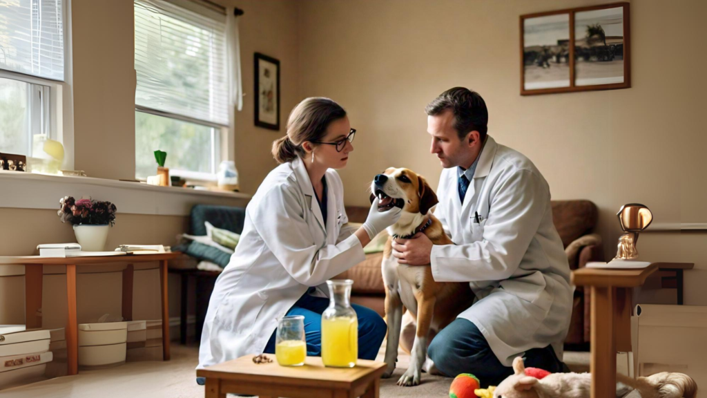 Veterinarians checking a dog suspected of drinking lemon juice