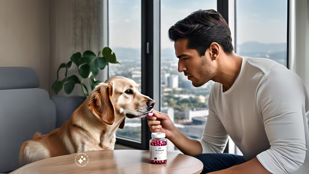 A man giving his dog cranberry supplements