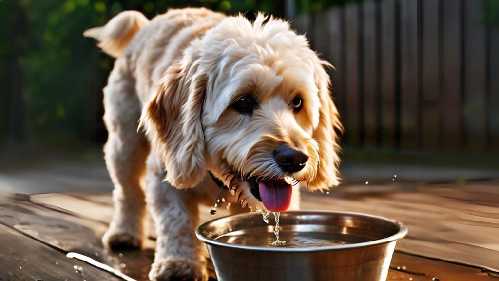 A healthy dog drinking water happily