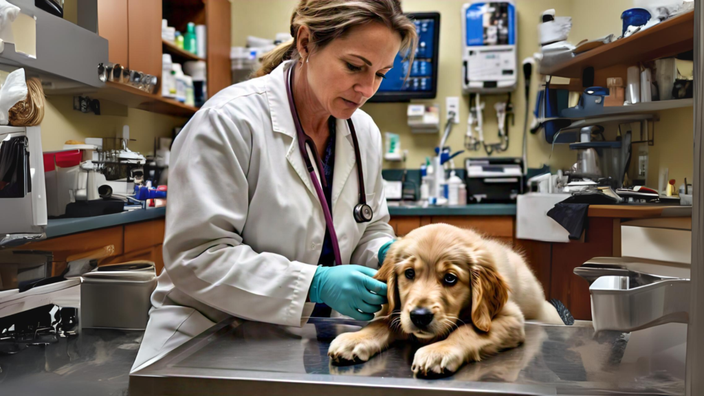 A veterinarian diagnosing a dog for rain rot