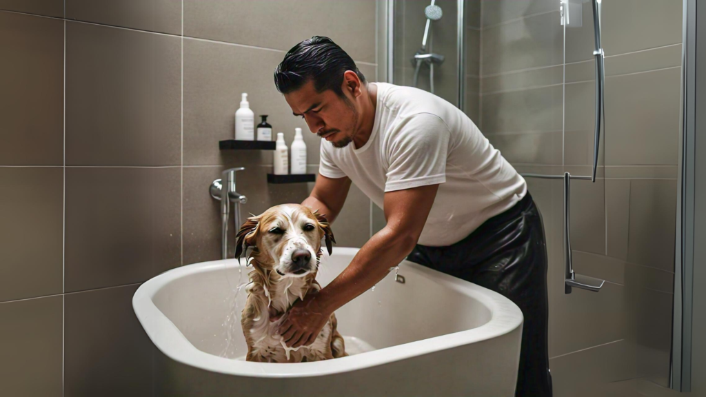 A man washing his dog with a mild antibacterial shampoo