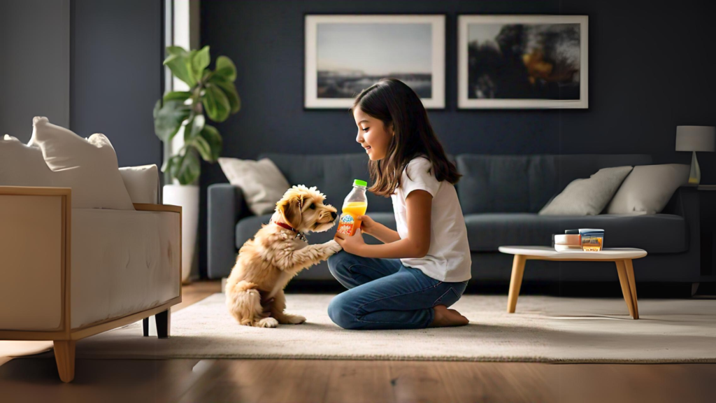 A girl taking orange juice away from her puppy