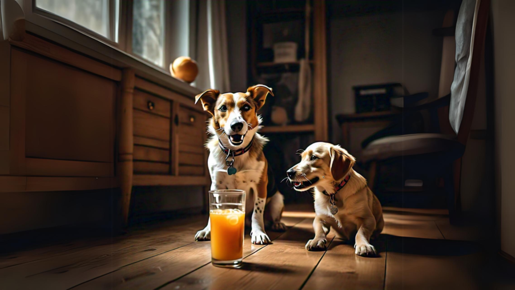 Two dogs looking desperately at orange juice