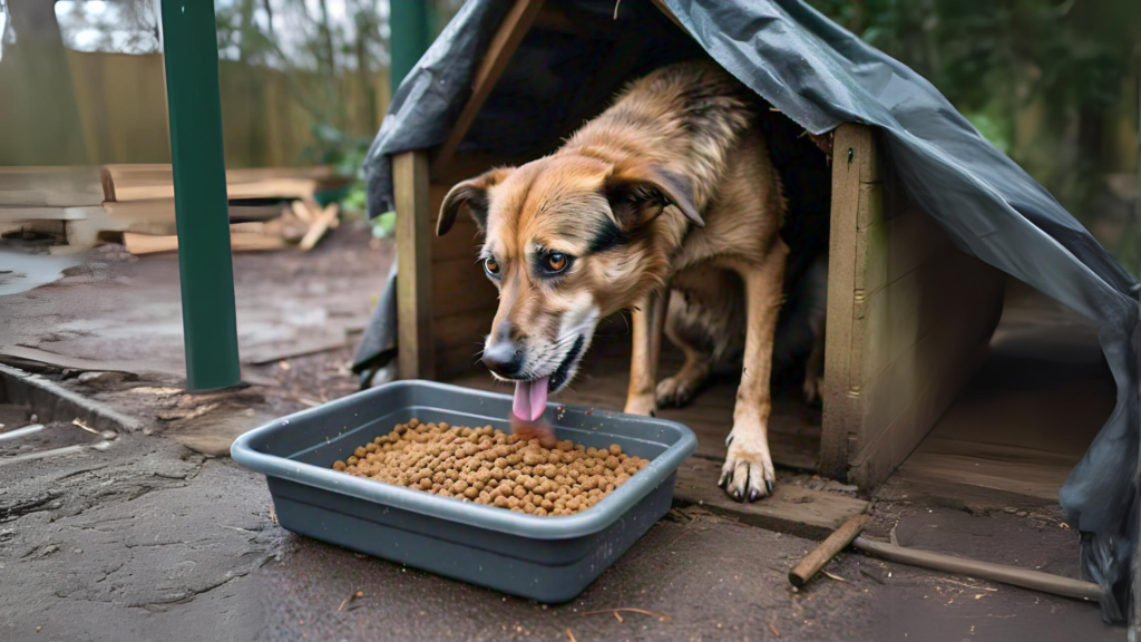 A stray dog eating dry food from a water resistant container in a temporary shelter