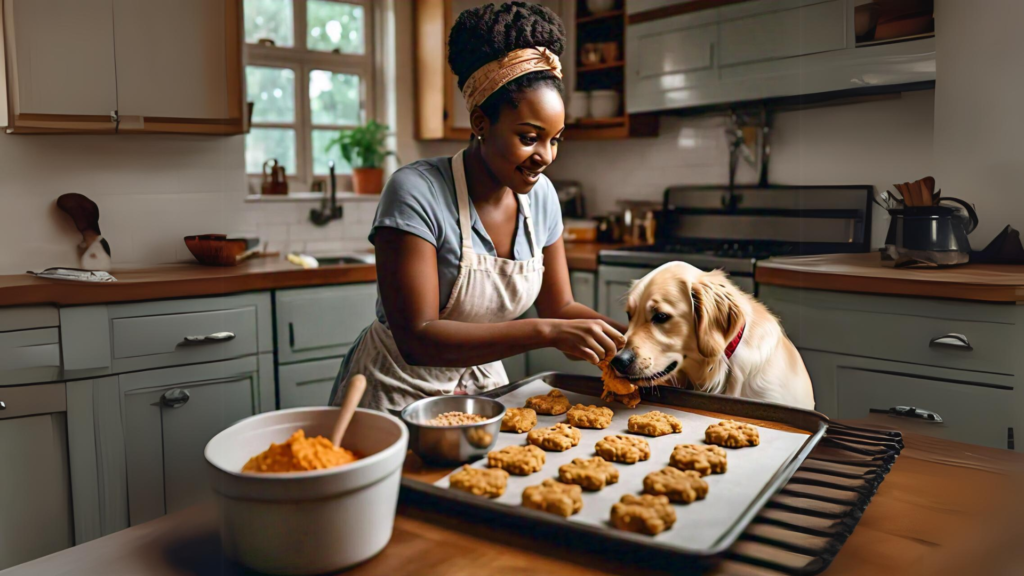 A dog parent making dog-friendly treats with his pup on a rainy day