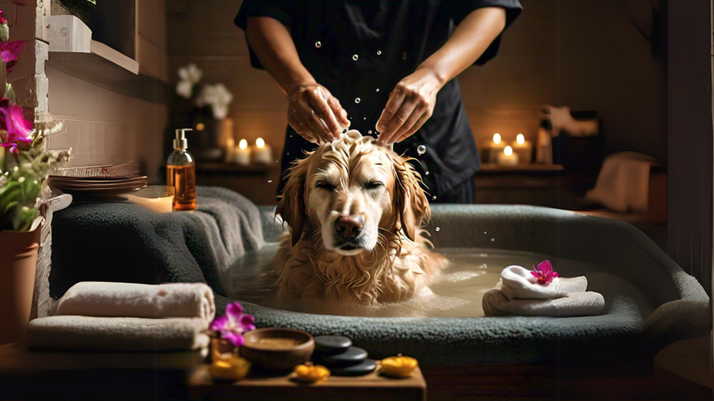 A dog relaxing with a spa day at home while its raining outside