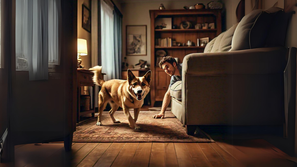 A man playing hide-and-seek with his pet dog