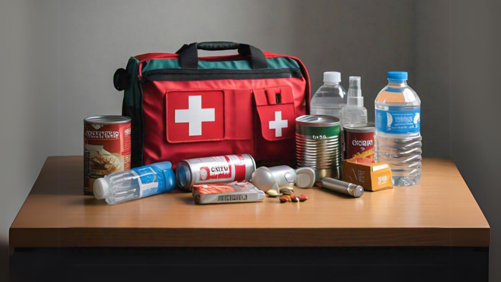 Emergency essentials: first aid supplies, extra food, and clean water for stray dogs in monsoon