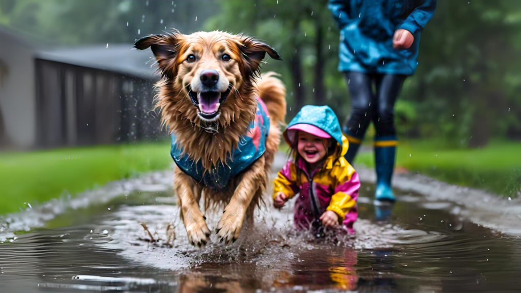 A dog playing happily in the rain with his friend