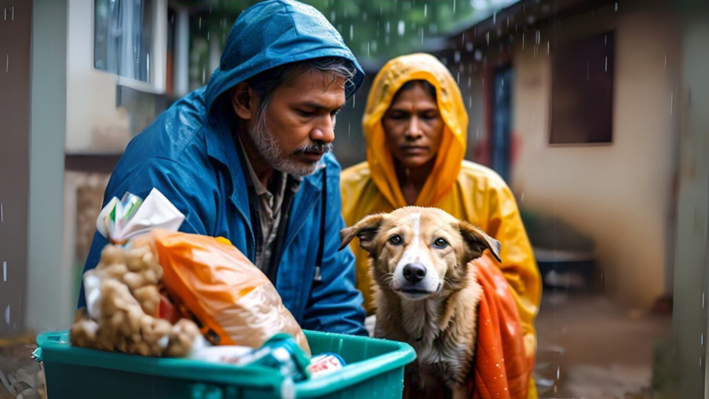 People gathering in a community to provide food and shelter to stray dogs in rain