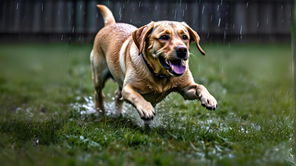 Labrador Retriever playing in rain