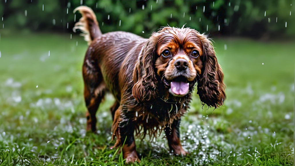 Sussex Spaniel playing in rain