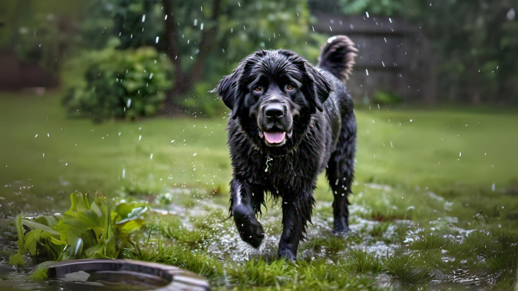 Newfoundland dog playing in rain