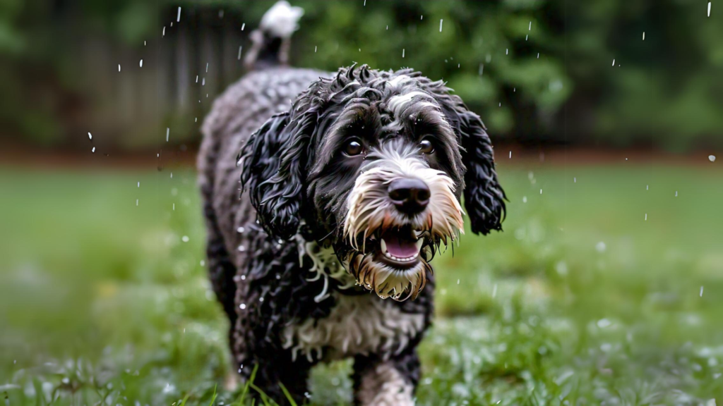 Portuguese Water Dog playing in rain