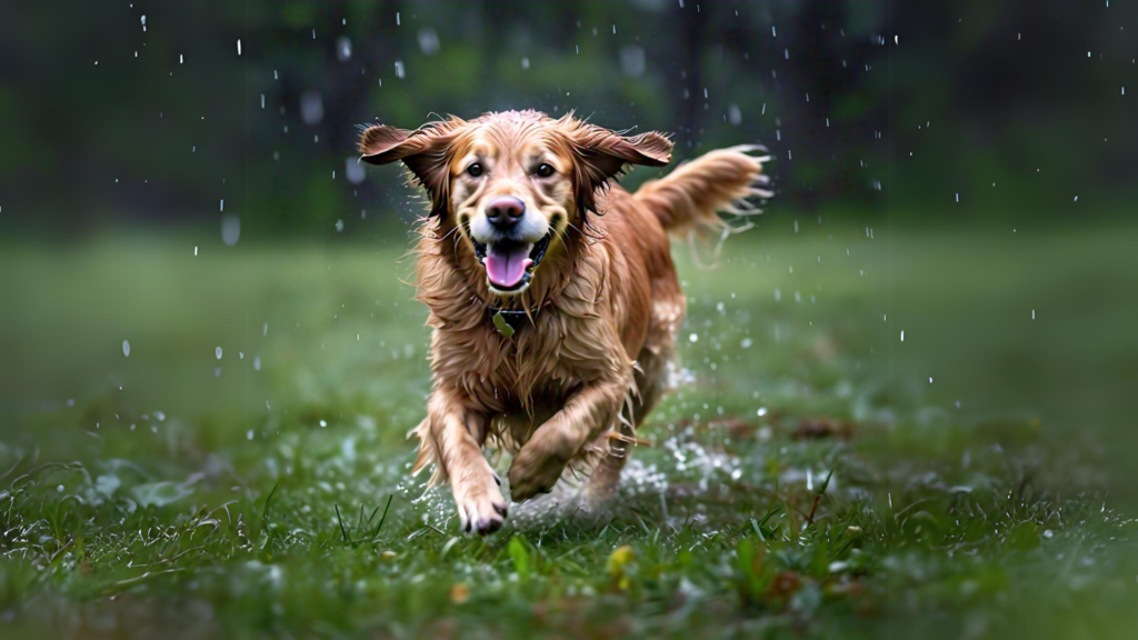 Golden Retriever playing in rain