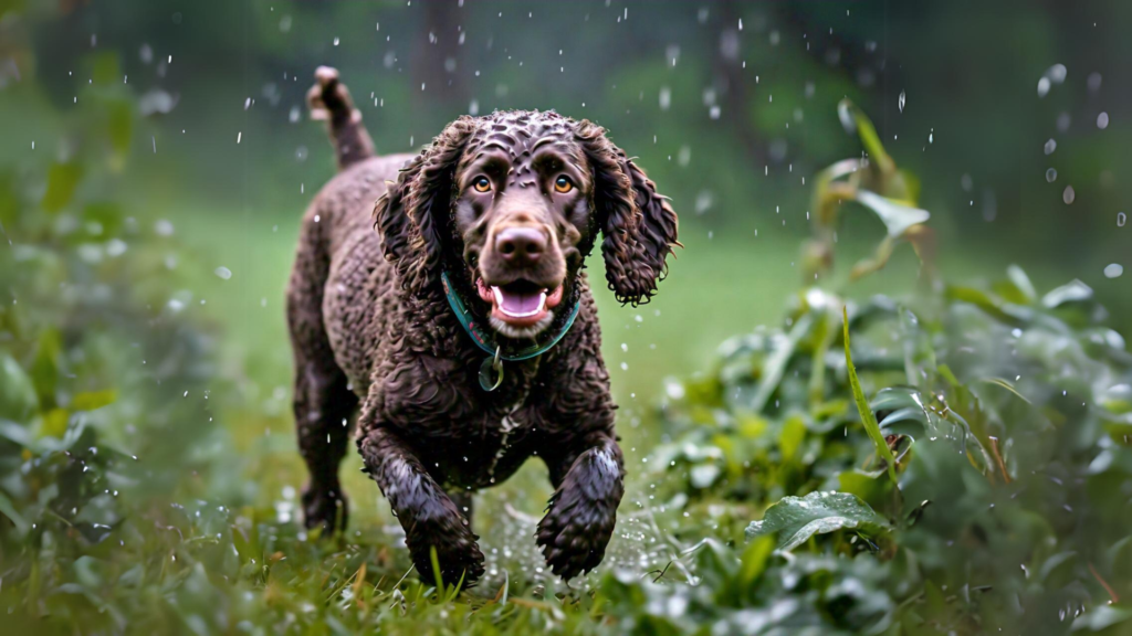 Irish Water Spaniel playing in rain