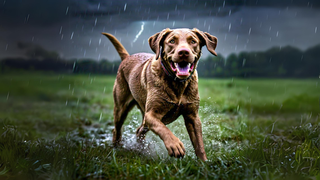 Chesapeake Bay Retriever playing in rain