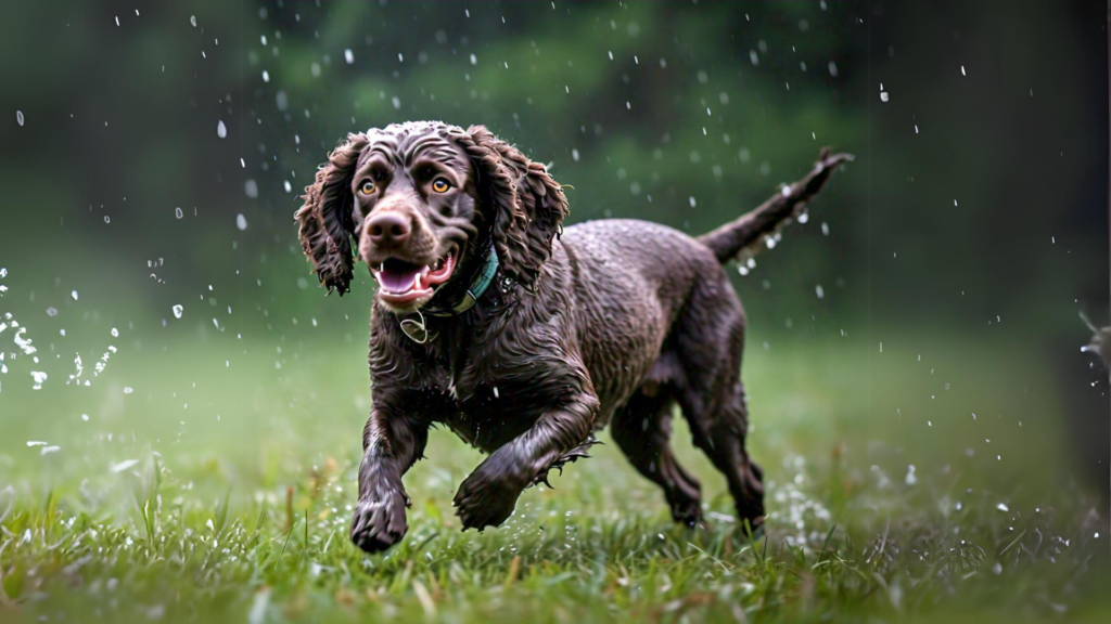 American Water Spaniel playing in rain