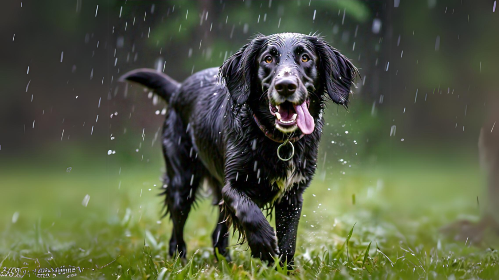 Flat-Coated Retriever playing in rain