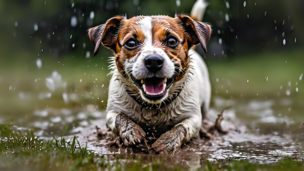 Jack Russell Terrier playing in rain